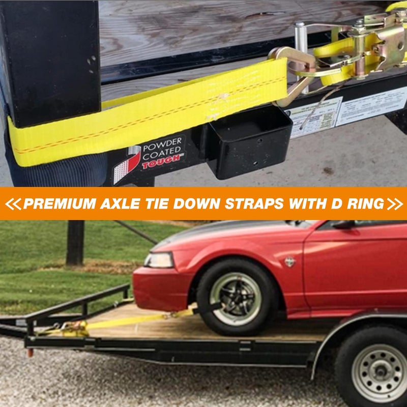 Autofonder 4 Pack 2" x36'' Premium Axle Straps Tie Downs with D-Ring Adjustable Tire Wheel Tie Down with Protective Sleeve Classic Yellow - Image 2
